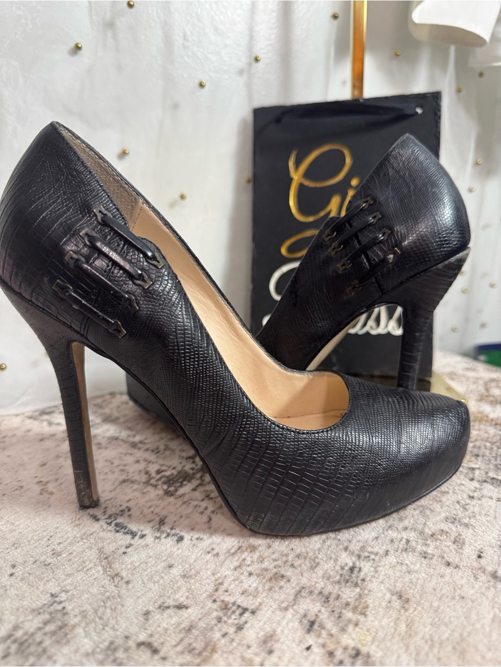 Boutique 9 Belisama Black Textured Platform Stiletto Pumps